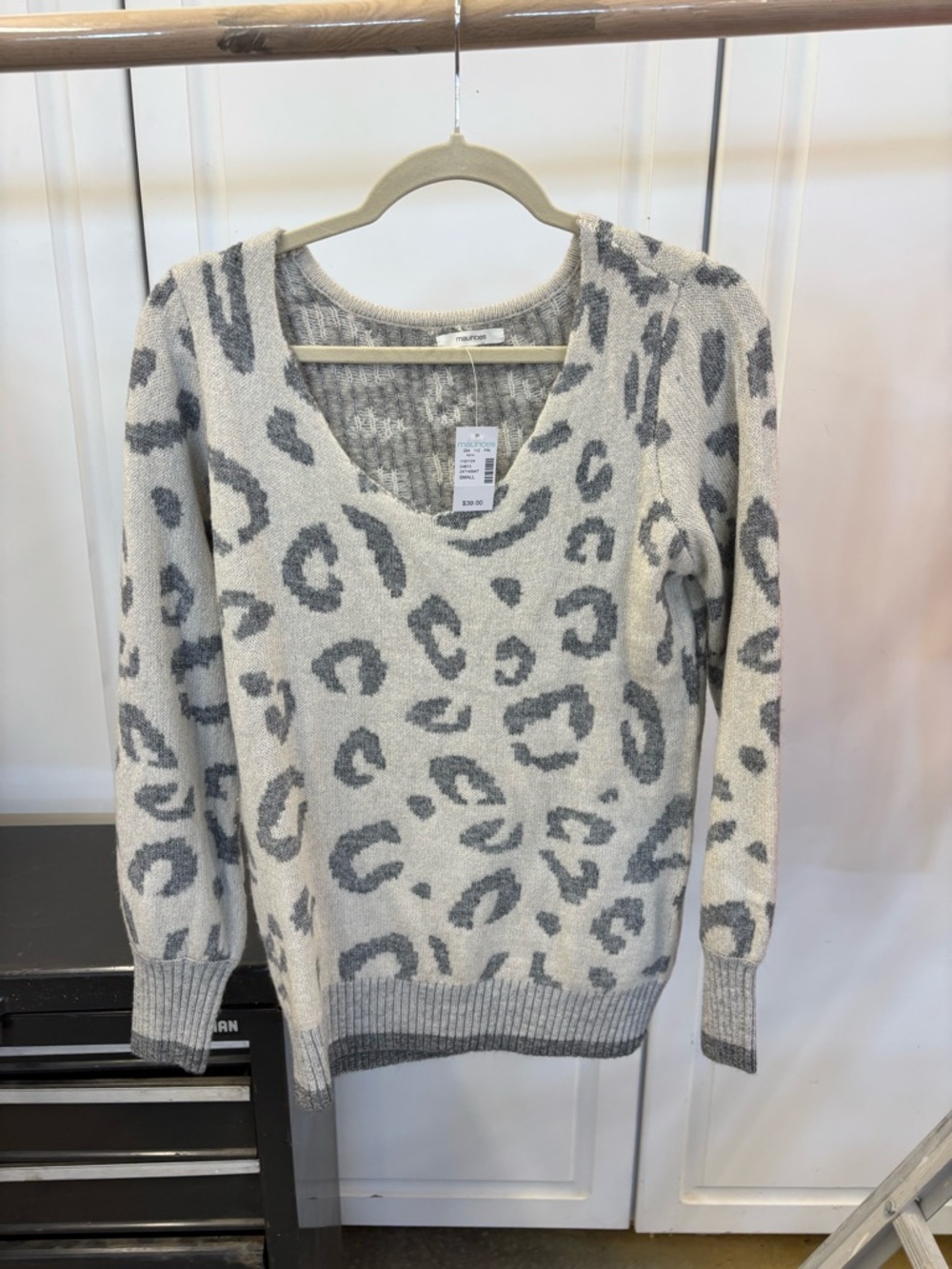 Maurices Cream and Gray Leopard V-Neck Sweater